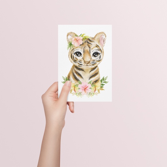 Cute Watercolor Floral Tiger Wall Art Print Poster Unframed - Picture 6 of 9